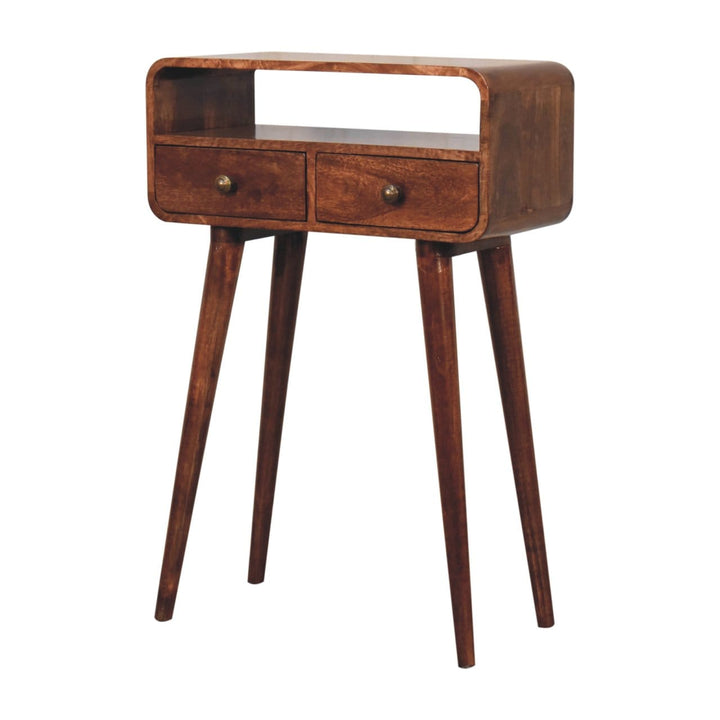 Mini Curved Honey Caramel Console Table - Solid Mango Wood Hallway Console for Entryway - product view 2 showing...
