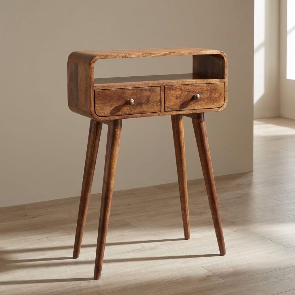 Mini Curved Honey Caramel Console Table - Solid Mango Wood Hallway Console for Entryway - main view showing handcrafted...