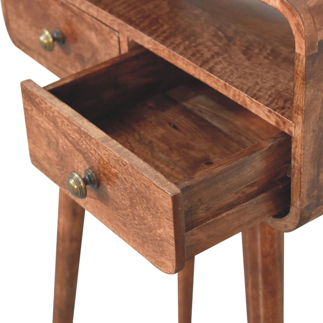 Mini Curved Honey Caramel Console Table - Solid Mango Wood Hallway Console for Entryway - product view 6 showing...