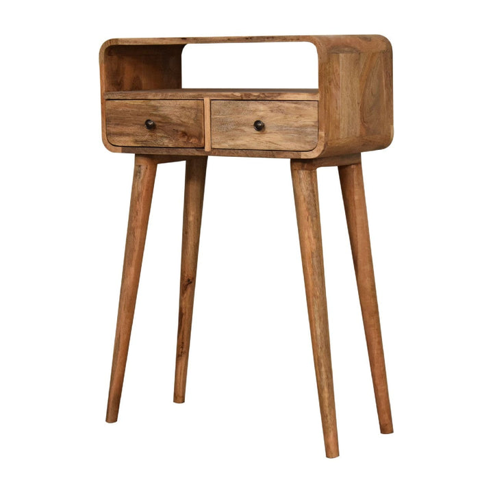 Mini Curved Oak-ish Console Table - mango wood entryway console table with two drawers and open storage space.