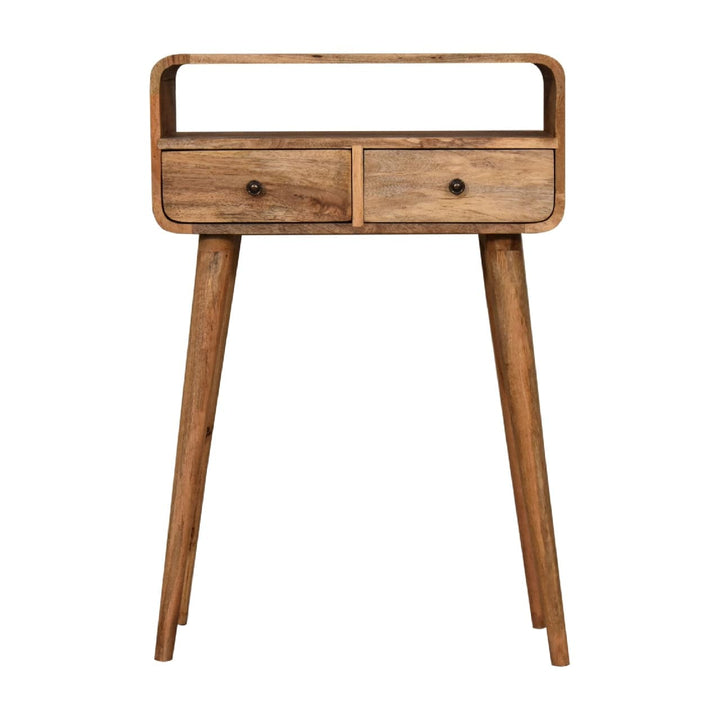 Mango wood entryway console table with two drawers, perfect for hallway styling and storage.