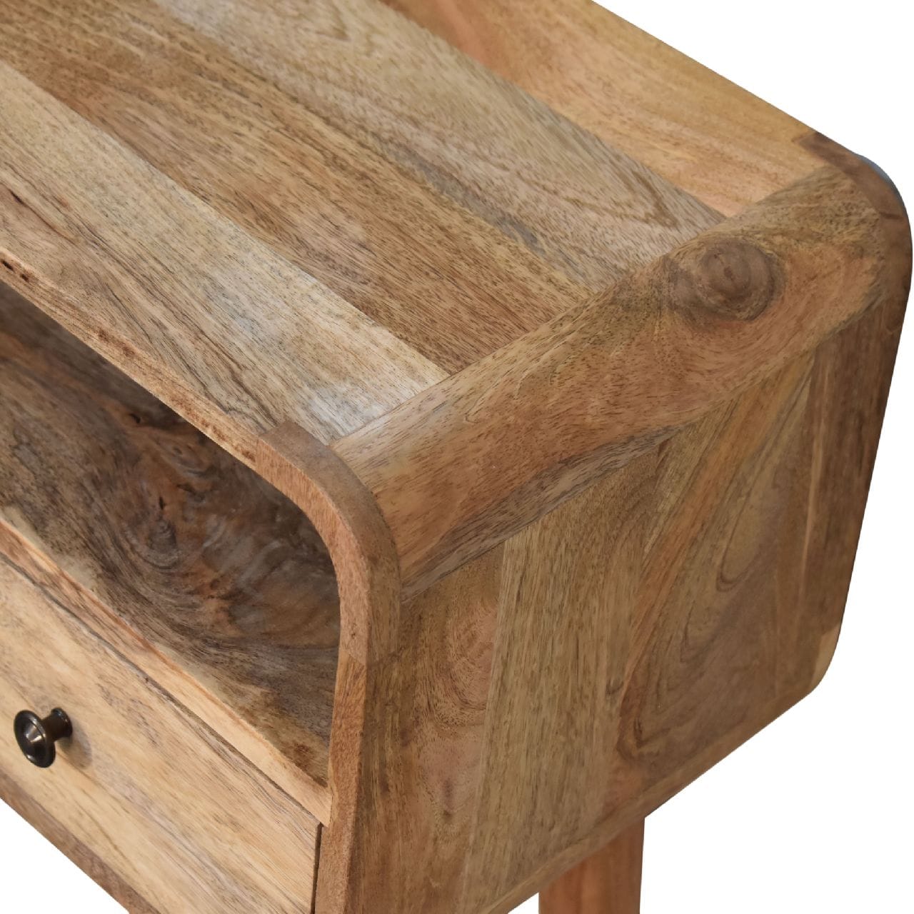 Close-up of mango wood entryway console table showcasing solid mango wood texture and craftsmanship.