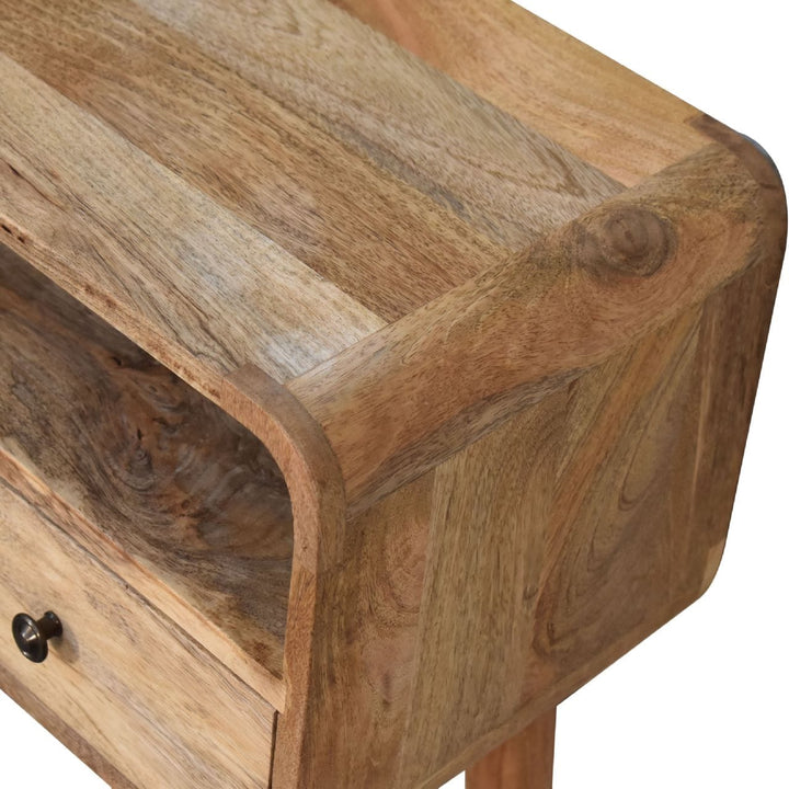 Close-up of mango wood entryway console table showcasing solid mango wood texture and craftsmanship.