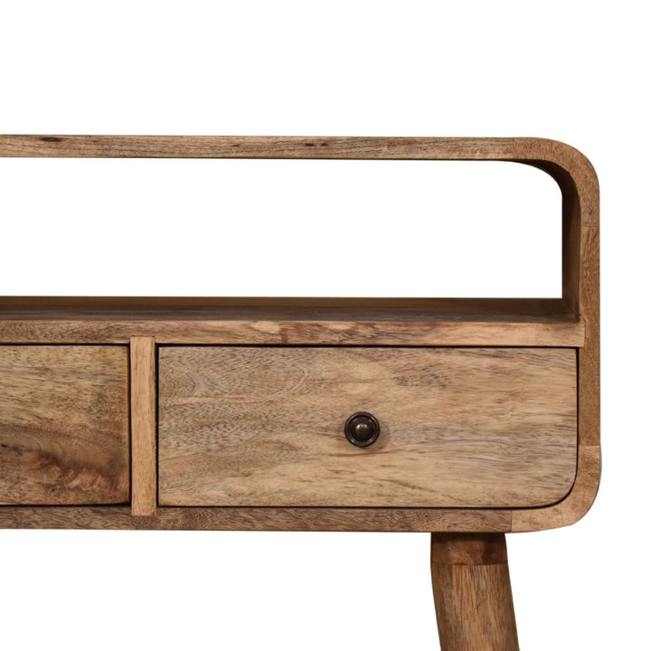 Mini Curved Oak-ish Console Table, a mango wood entryway console table with drawer, ideal for hallway styling.