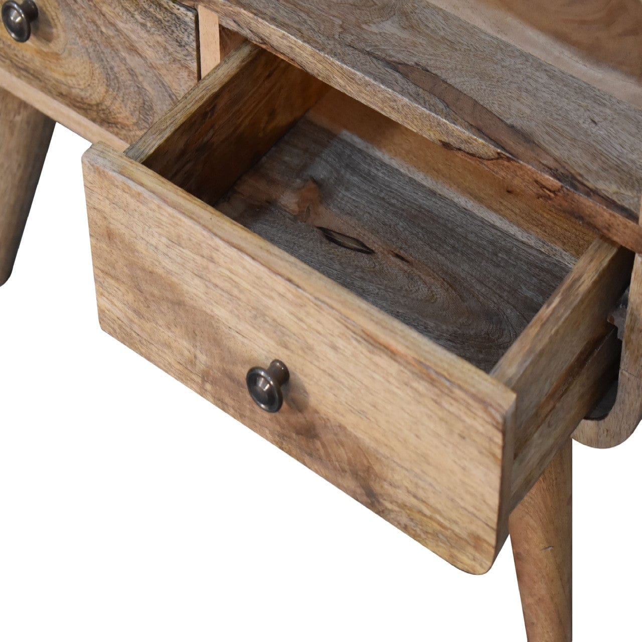 Mini Curved Oak-ish TV Stand - Solid Mango Wood Entertainment Center for Living Room - product view 7 showing handcrafted...