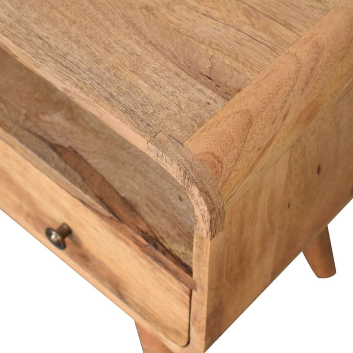 Mini Curved Oak-ish TV Stand - Solid Mango Wood Entertainment Center for Living Room - product view 6 showing handcrafted...