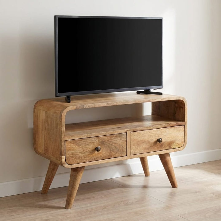 Mini Curved Oak-ish TV Stand - Solid Mango Wood Entertainment Center for Living Room - main view showing handcrafted...