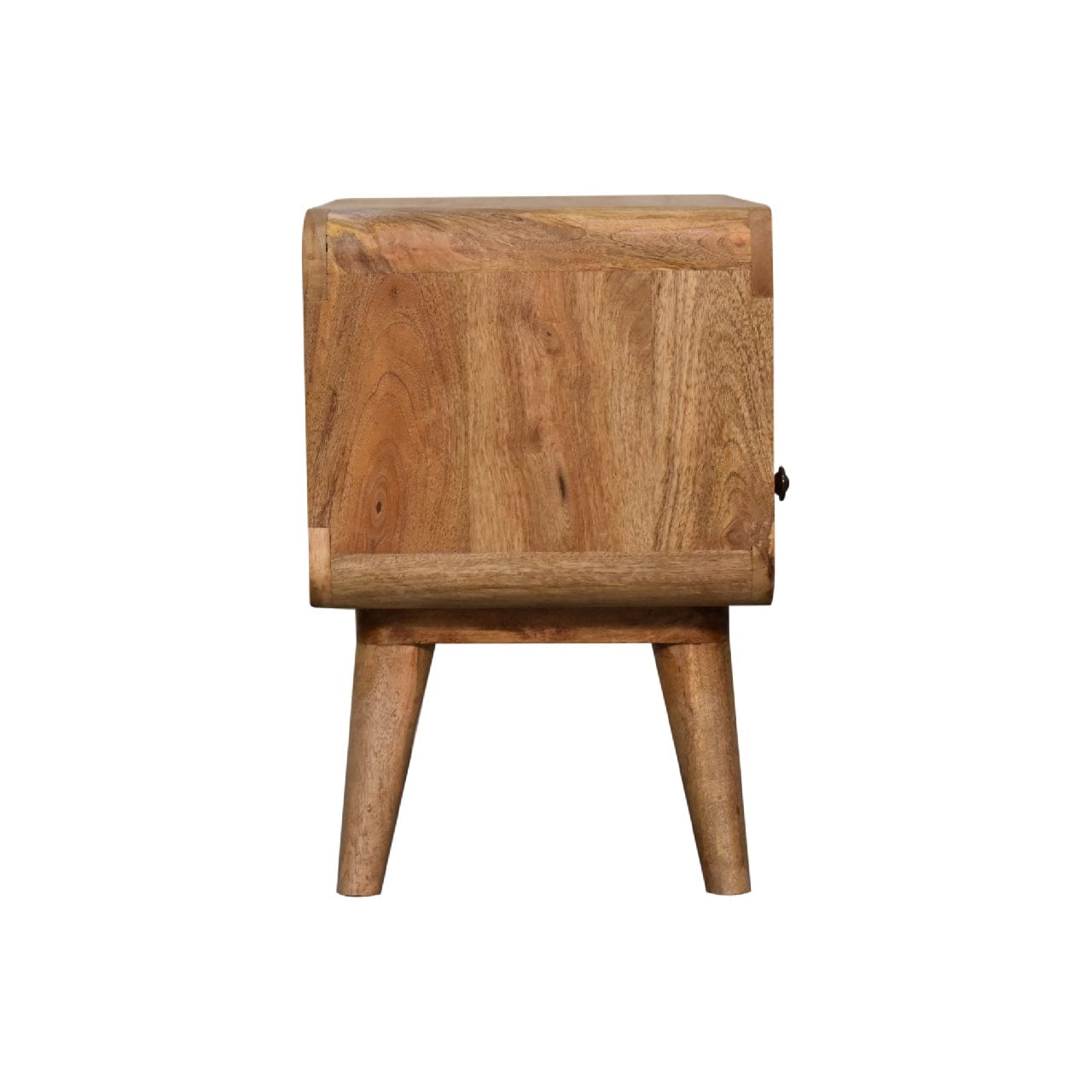 Mini Curved Oak-ish TV Stand - Solid Mango Wood Entertainment Center for Living Room - product view 9 showing handcrafted...