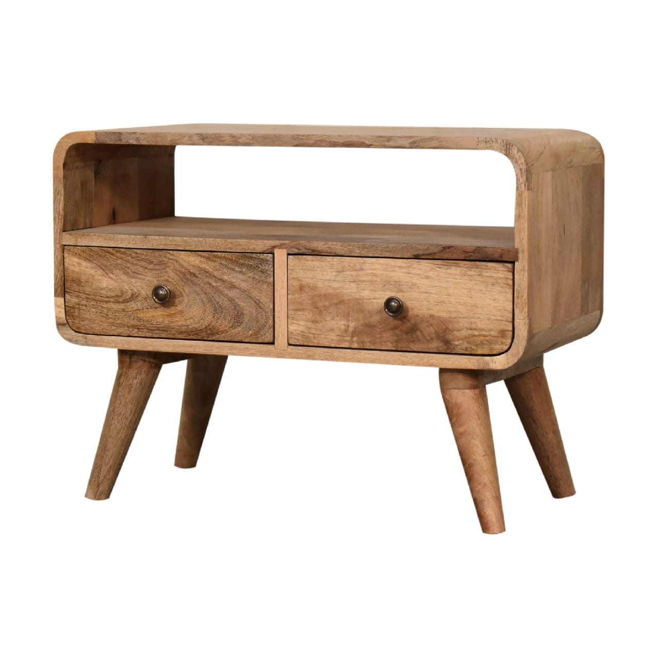 Mini Curved Oak-ish TV Stand - Solid Mango Wood Entertainment Center for Living Room - product view 4 showing handcrafted...