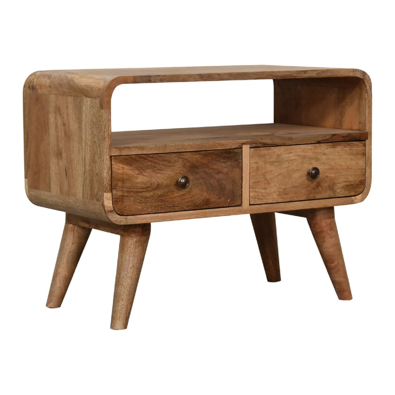 Mini Curved Oak-ish TV Stand - Solid Mango Wood Entertainment Center for Living Room - product view 3 showing handcrafted...