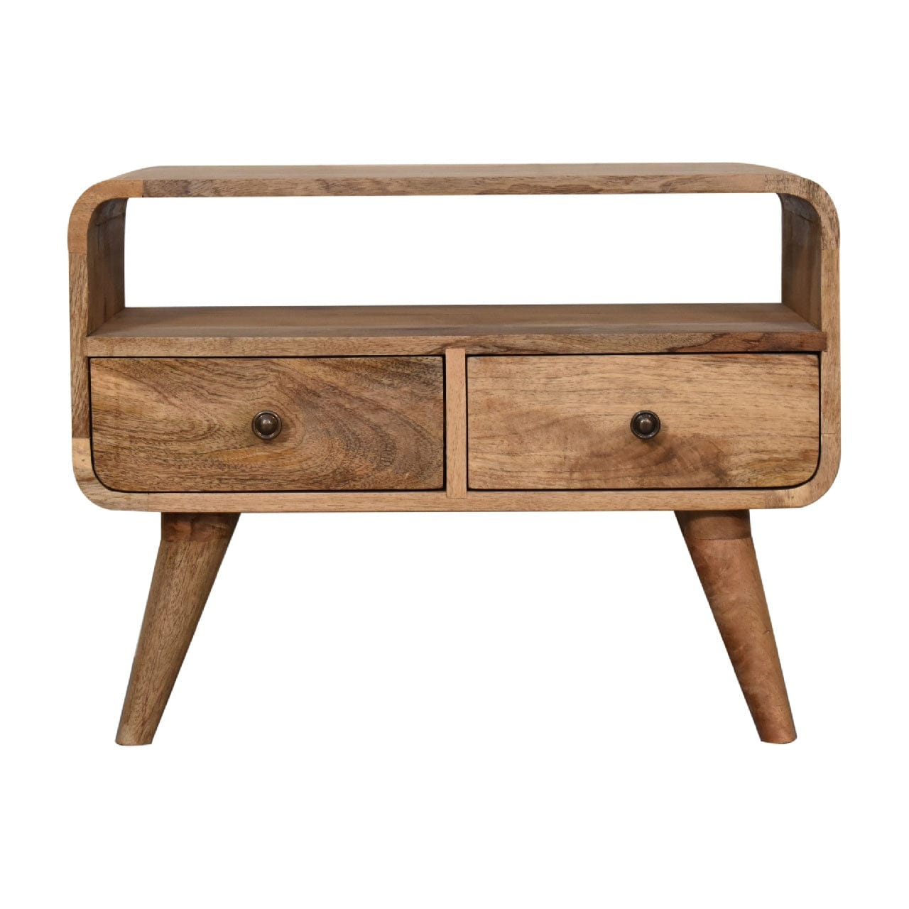 Mini Curved Oak-ish TV Stand - Solid Mango Wood Entertainment Center for Living Room - product view 2 showing handcrafted...
