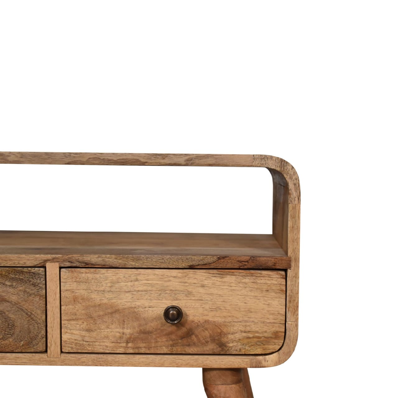 Mini Curved Oak-ish TV Stand - Solid Mango Wood Entertainment Center for Living Room - product view 5 showing handcrafted...