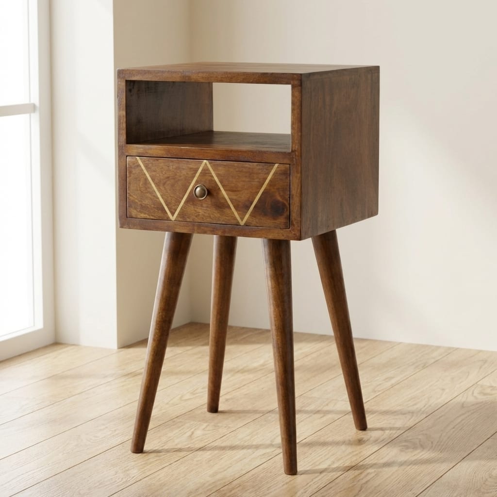 Mini Geo Brass Nightstand - Solid Mango Wood Bedside Table for Bedroom - main view showing handcrafted solid mango wood...