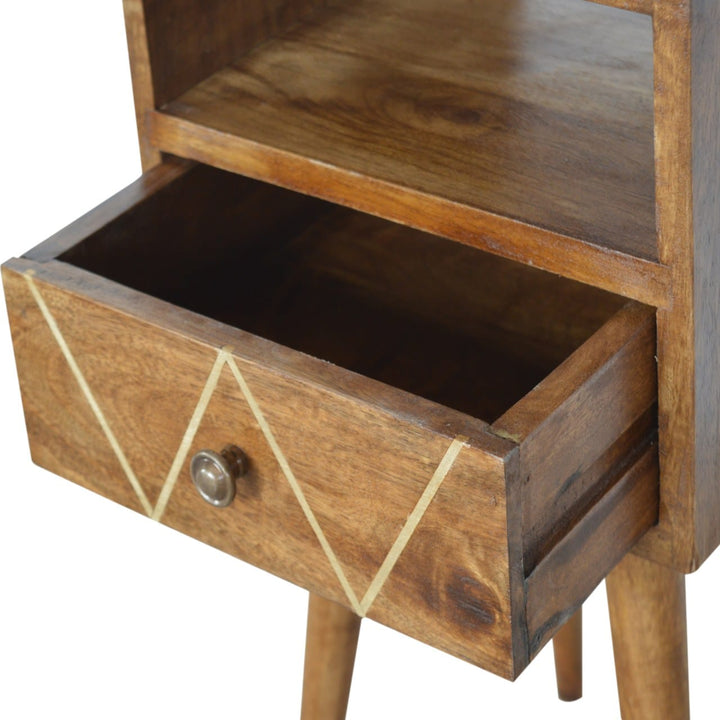 Mini Geo Brass Nightstand - Solid Mango Wood Bedside Table for Bedroom - product view 4 showing handcrafted solid mango...