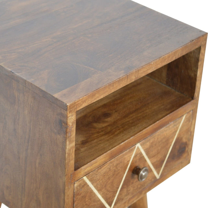 Mini Geo Brass Nightstand - Solid Mango Wood Bedside Table for Bedroom - product view 7 showing handcrafted solid mango...