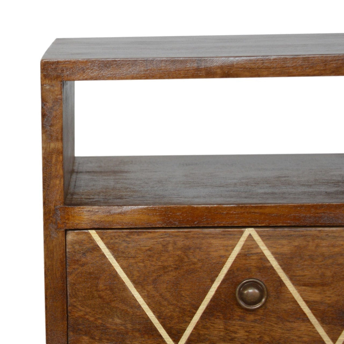 Mini Geo Brass Nightstand - Solid Mango Wood Bedside Table for Bedroom - product view 5 showing handcrafted solid mango...