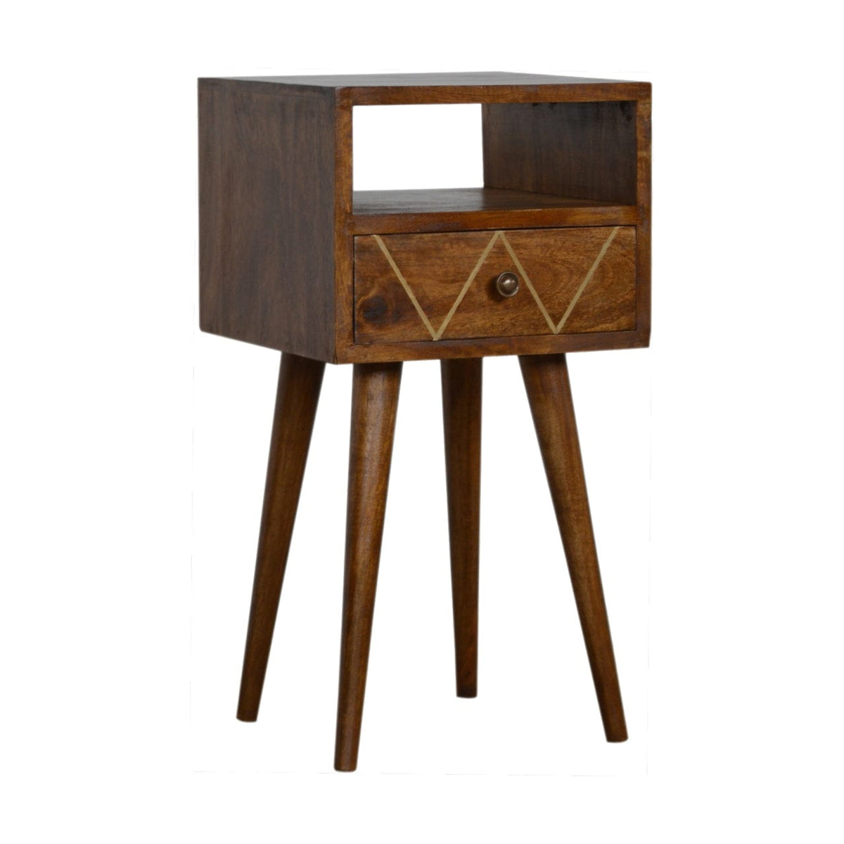 Mini Geo Brass Nightstand - Solid Mango Wood Bedside Table for Bedroom - product view 3 showing handcrafted solid mango...