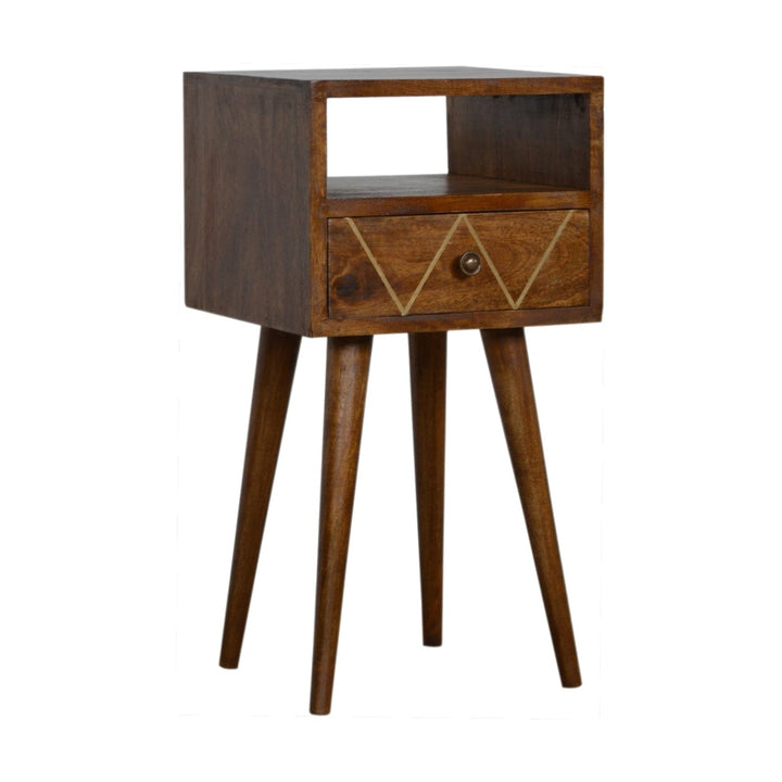 Mini Geo Brass Nightstand - Solid Mango Wood Bedside Table for Bedroom - product view 3 showing handcrafted solid mango...