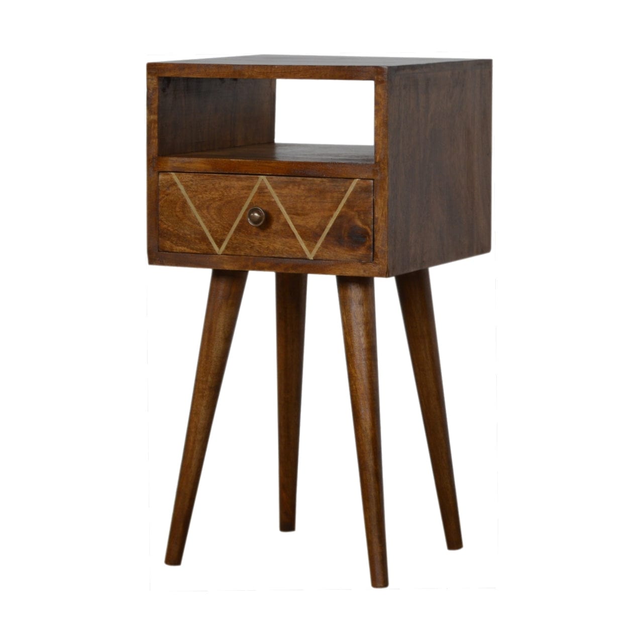 Mini Geo Brass Nightstand - Solid Mango Wood Bedside Table for Bedroom - product view 2 showing handcrafted solid mango...