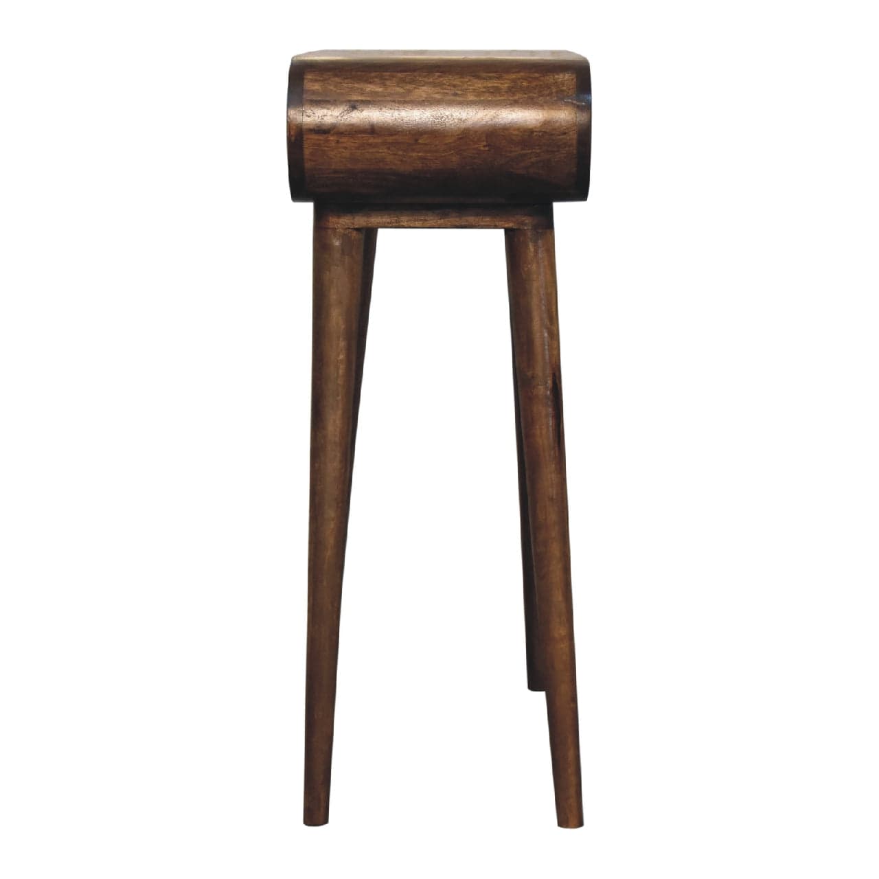 Mango wood console table with a unique round top and tall legs, perfect for entryway or hallway styling.