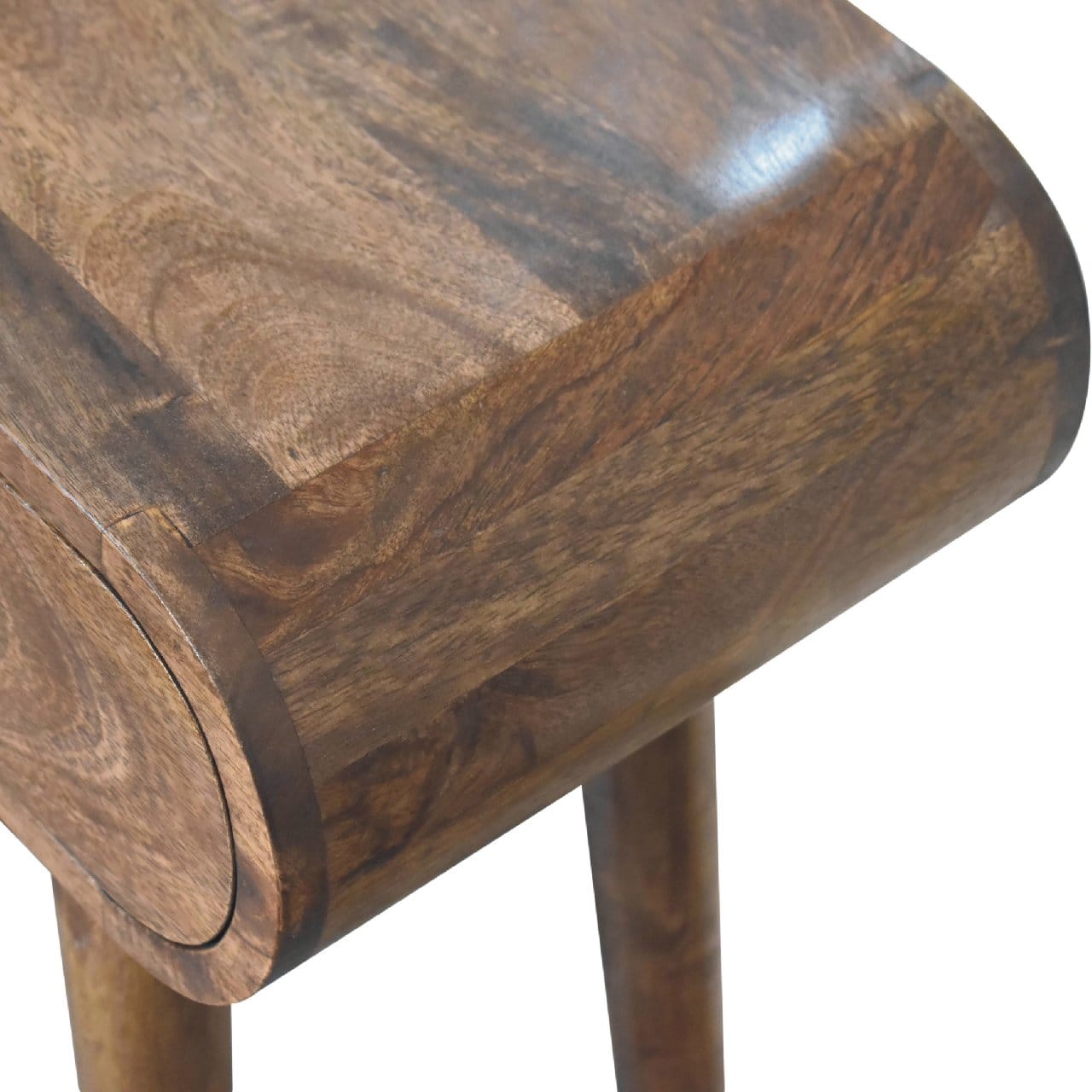 Close-up of the top surface of a mango wood console table highlighting its natural grain and finish.