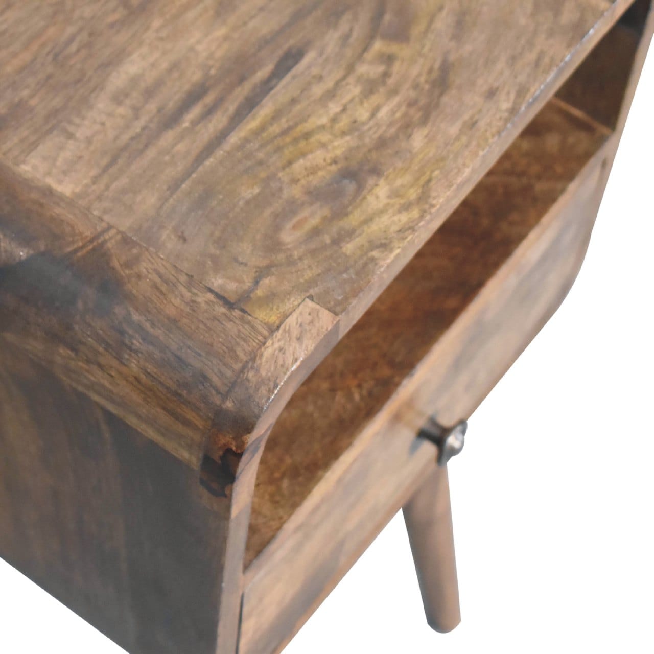 Mini Grey Wash Curve Open Nightstand - Solid Mango Wood Bedside Table for Bedroom - product view 5 showing handcrafted...