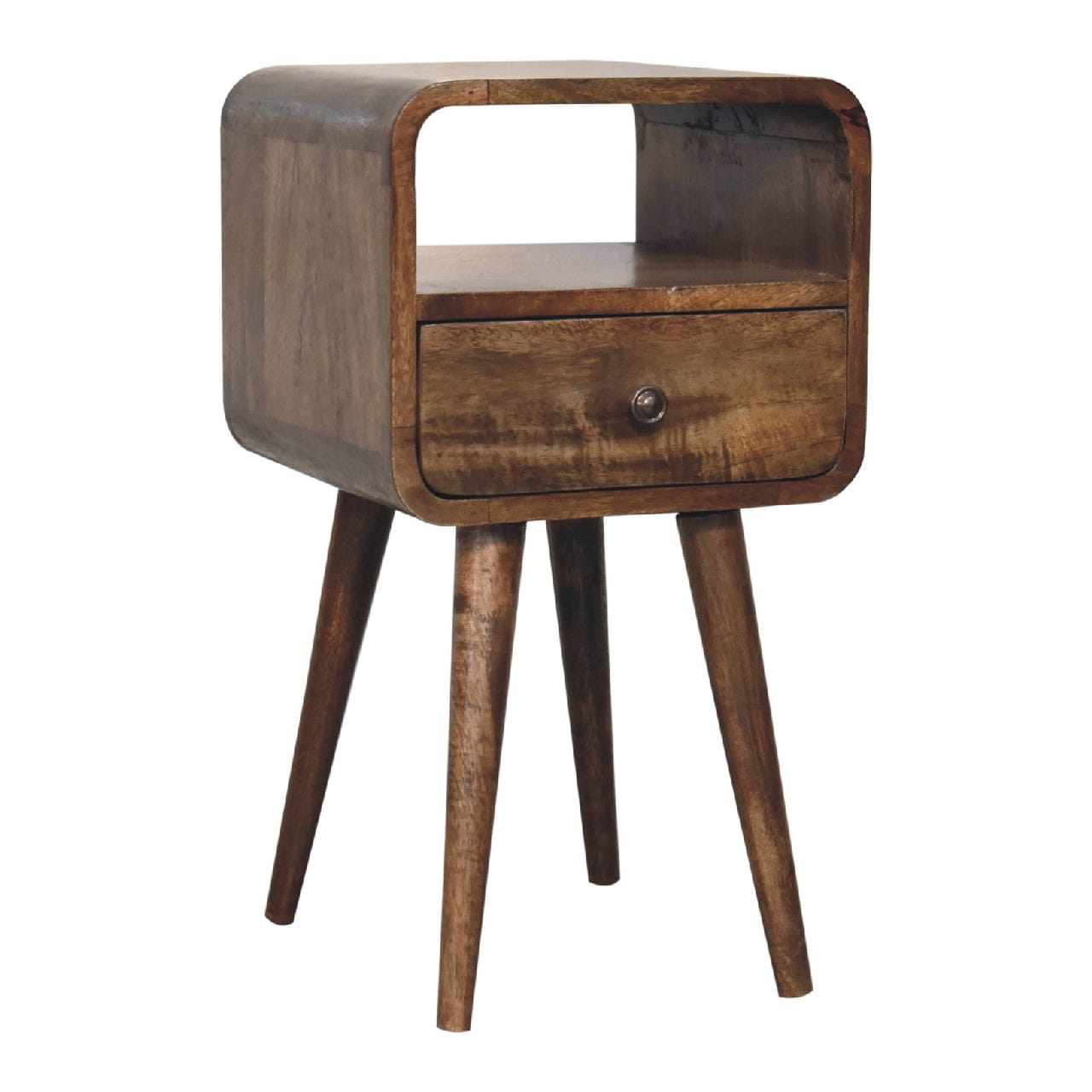 Mini Grey Wash Curve Open Nightstand - Solid Mango Wood Bedside Table for Bedroom - product view 4 showing handcrafted...