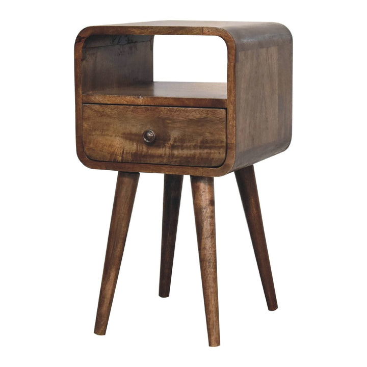 Mini Grey Wash Curve Open Nightstand - Solid Mango Wood Bedside Table for Bedroom - product view 3 showing handcrafted...