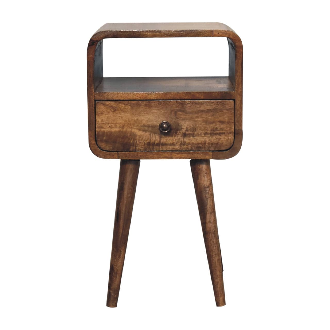Mini Grey Wash Curve Open Nightstand - Solid Mango Wood Bedside Table for Bedroom - product view 2 showing handcrafted...