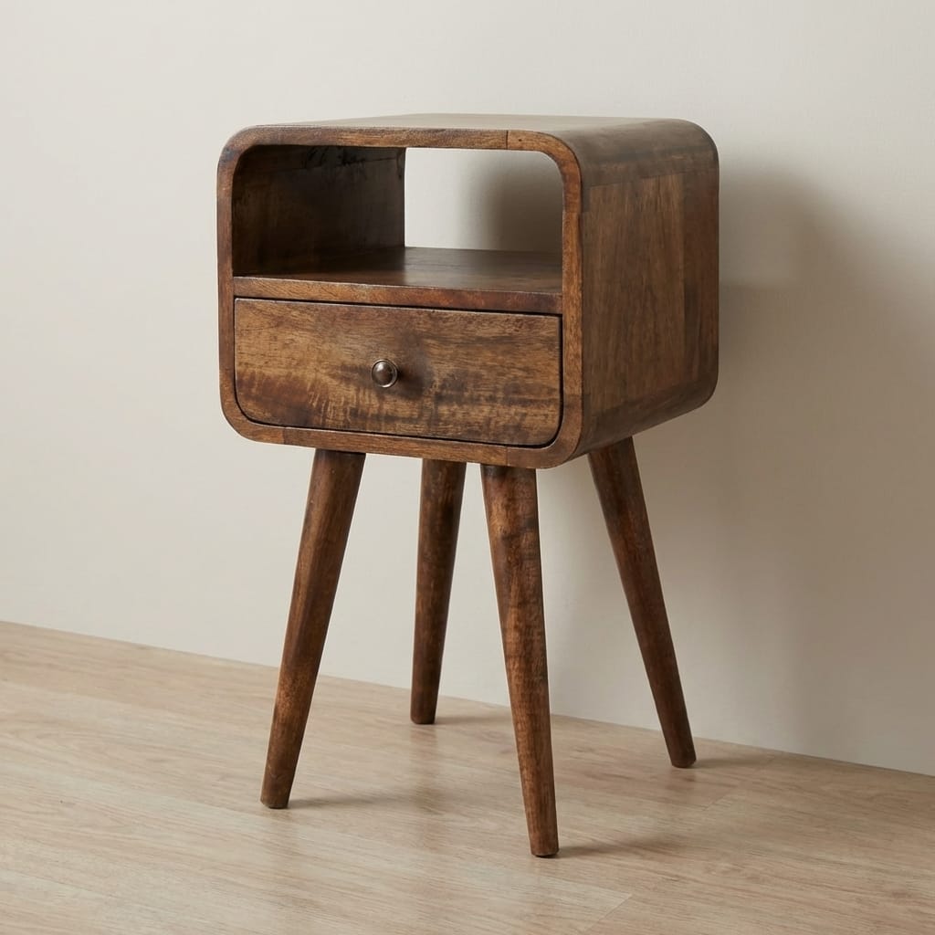 Mini Grey Wash Curve Open Nightstand - Solid Mango Wood Bedside Table for Bedroom - main view showing handcrafted solid...