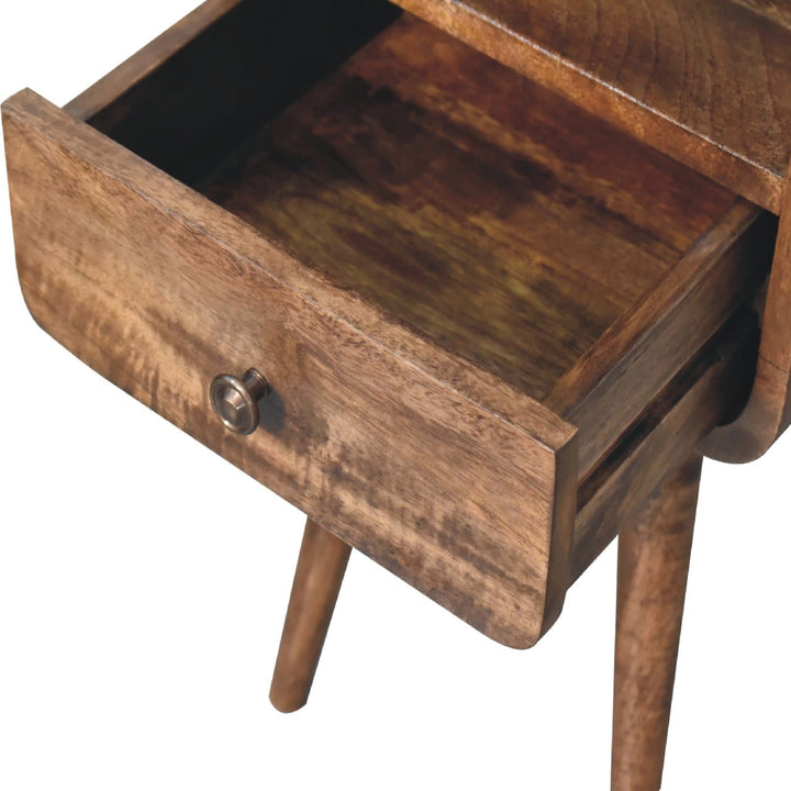 Mini Grey Wash Curve Open Nightstand - Solid Mango Wood Bedside Table for Bedroom - product view 6 showing handcrafted...