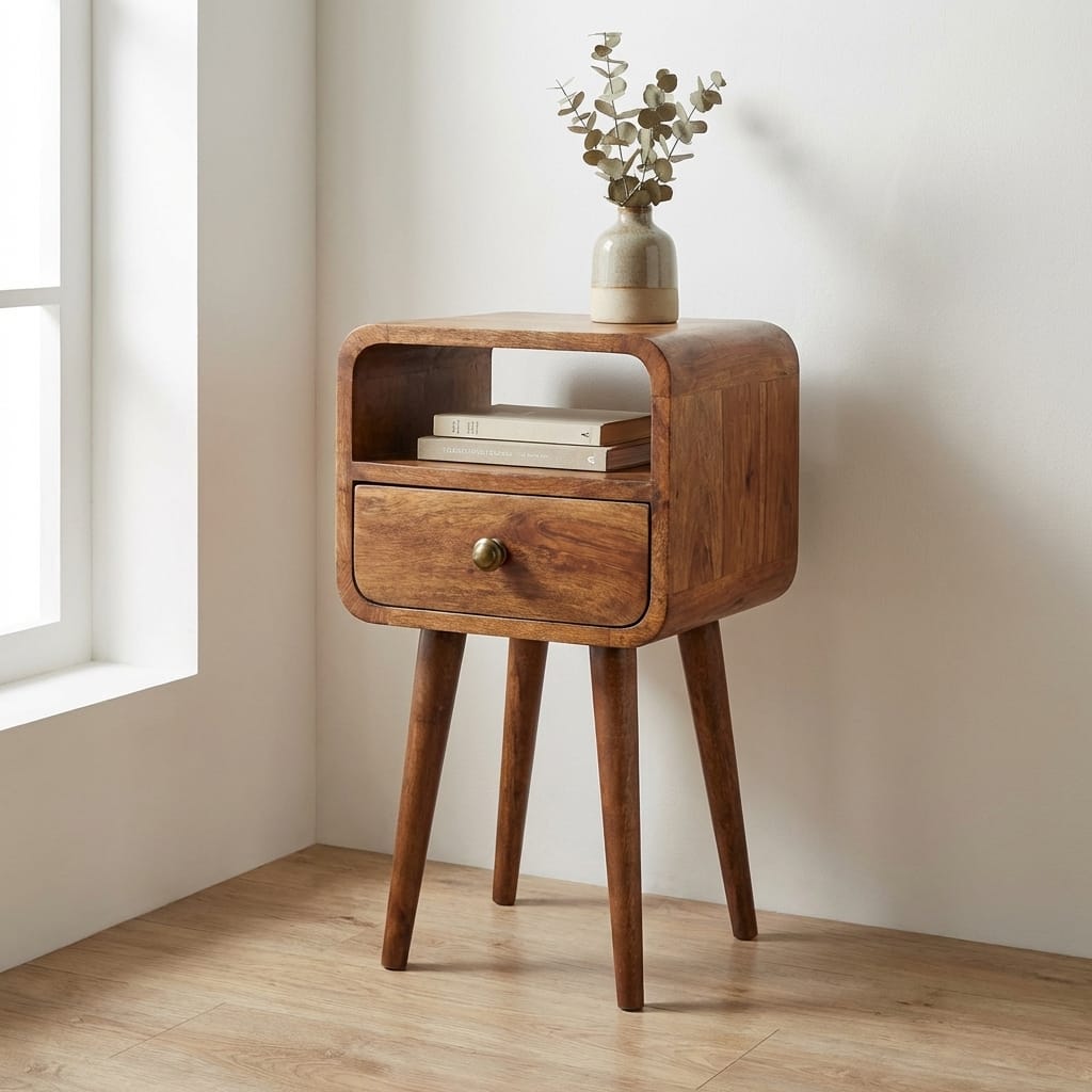 Mini Honey Caramel Curved Nightstand - Solid Mango Wood Bedside Table for Bedroom - main view showing handcrafted solid...