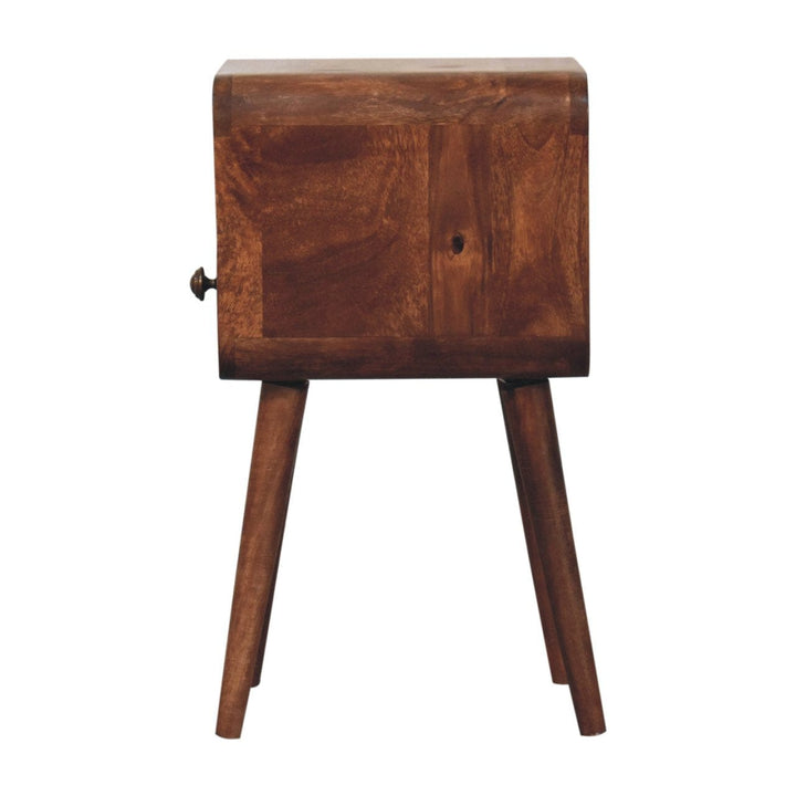 Mini Honey Caramel Curved Nightstand - Solid Mango Wood Bedside Table for Bedroom - product view 8 showing handcrafted...