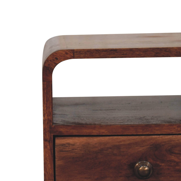 Mini Honey Caramel Curved Nightstand - Solid Mango Wood Bedside Table for Bedroom - product view 5 showing handcrafted...