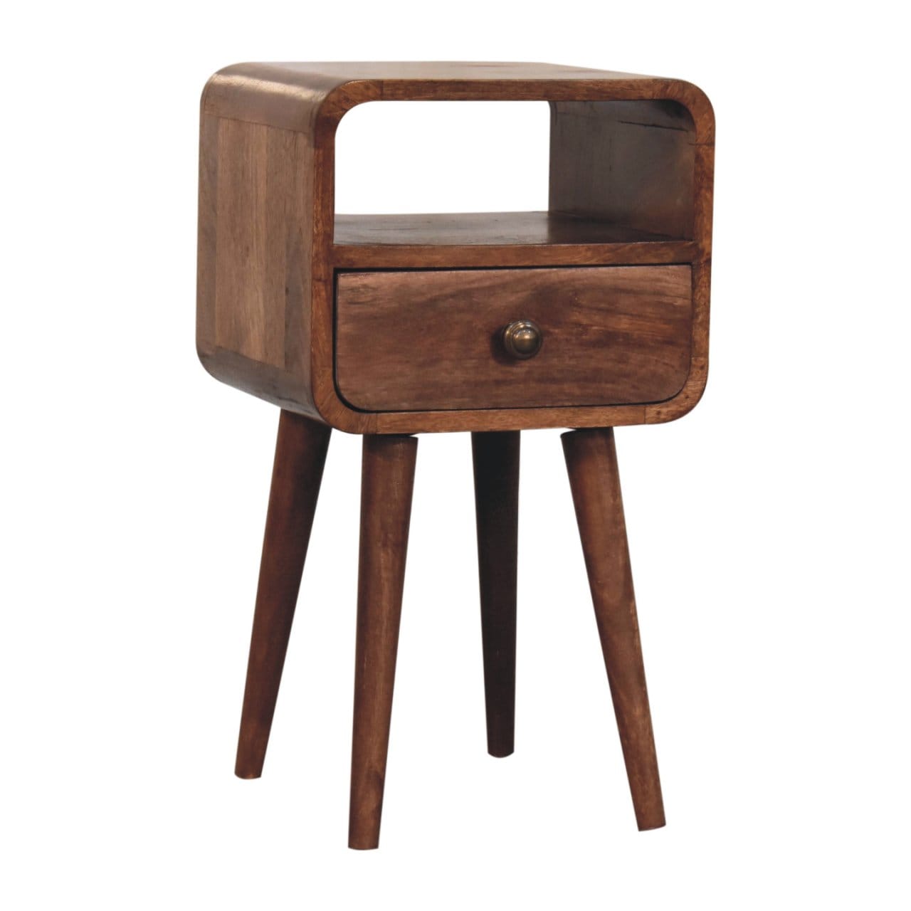 Mini Honey Caramel Curved Nightstand - Solid Mango Wood Bedside Table for Bedroom - product view 4 showing handcrafted...