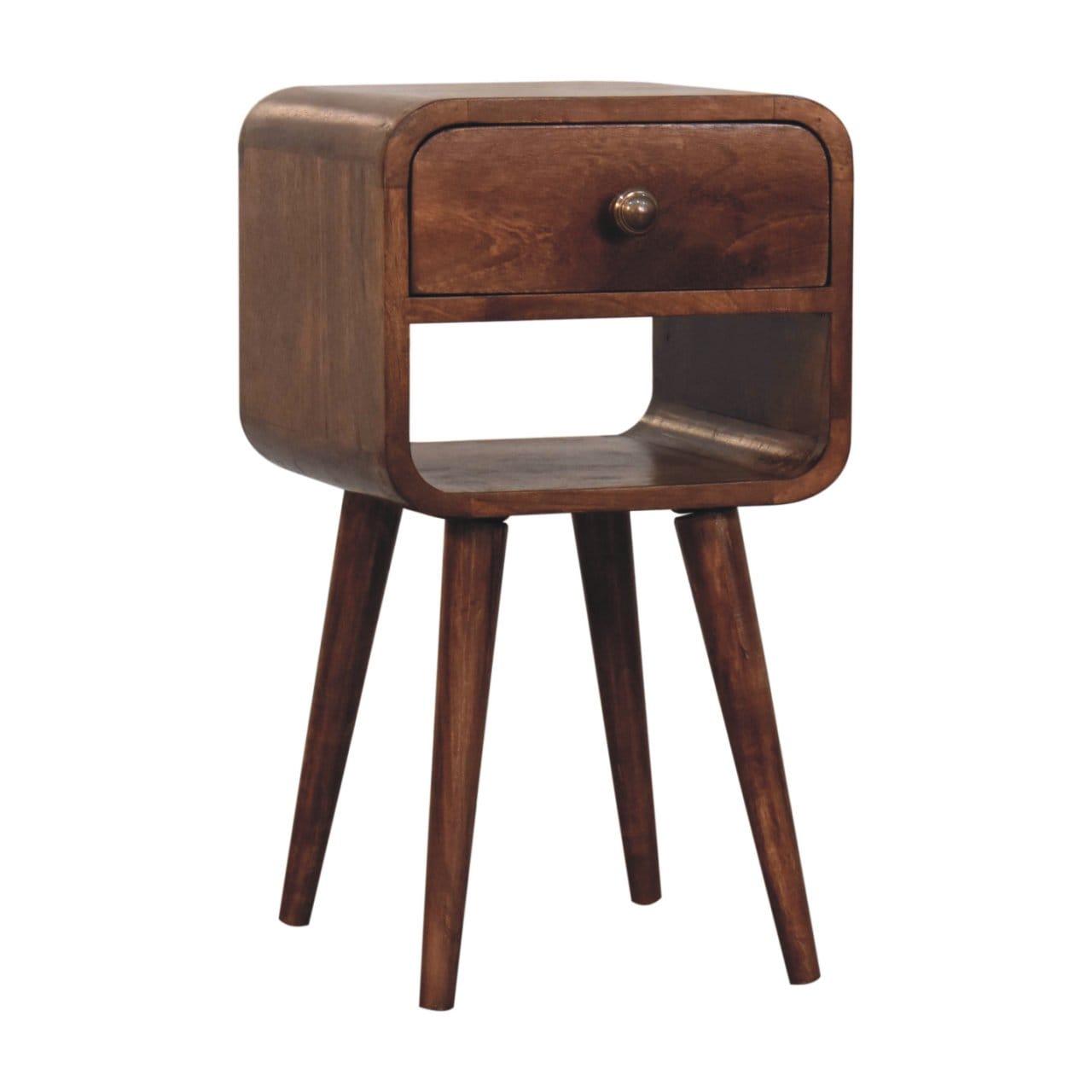 Mini Honey Caramel Curved Nightstand - Solid Mango Wood Bedside Table for Bedroom - product view 3 showing handcrafted...