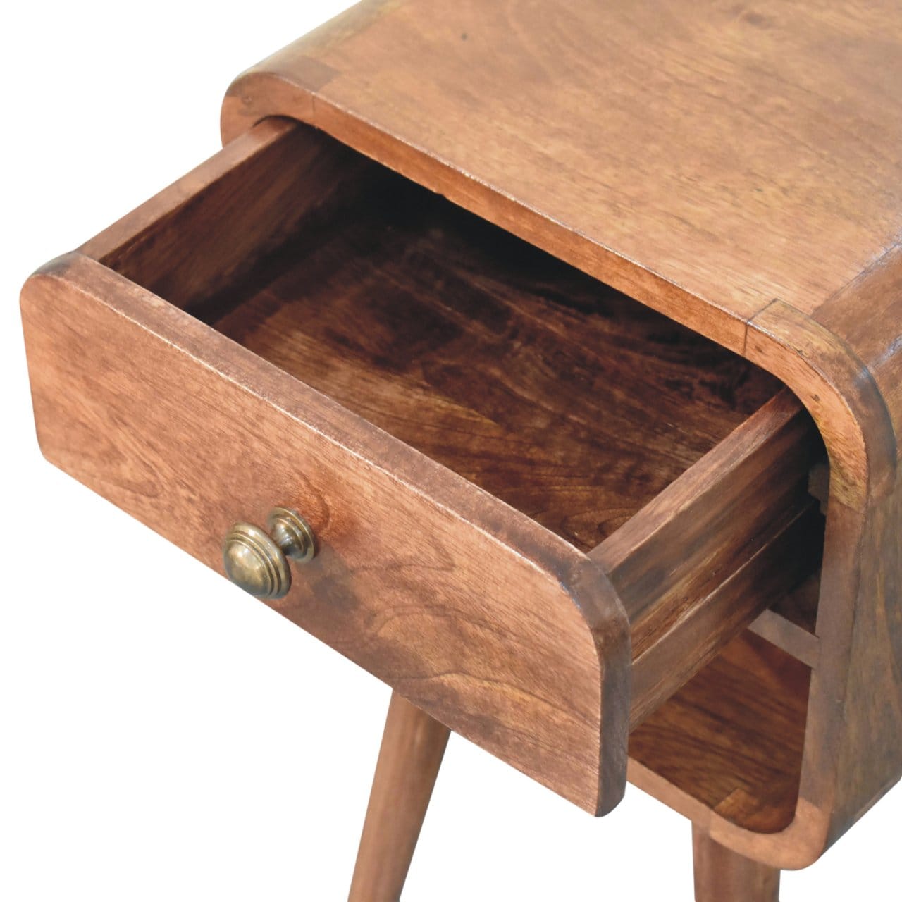 Mini Honey Caramel Curved Nightstand - Solid Mango Wood Bedside Table for Bedroom - product view 7 showing handcrafted...