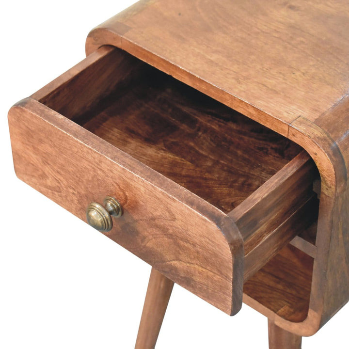 Mini Honey Caramel Curved Nightstand - Solid Mango Wood Bedside Table for Bedroom - product view 7 showing handcrafted...