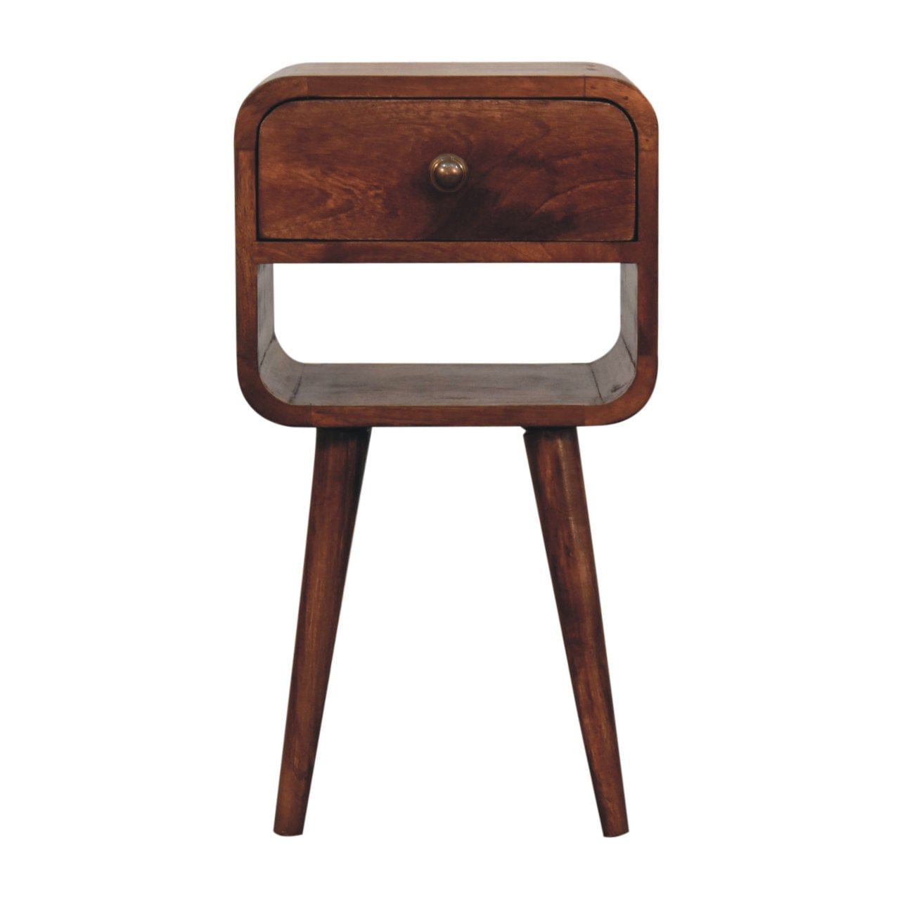 Mini Honey Caramel Curved Nightstand - Solid Mango Wood Bedside Table for Bedroom - product view 2 showing handcrafted...