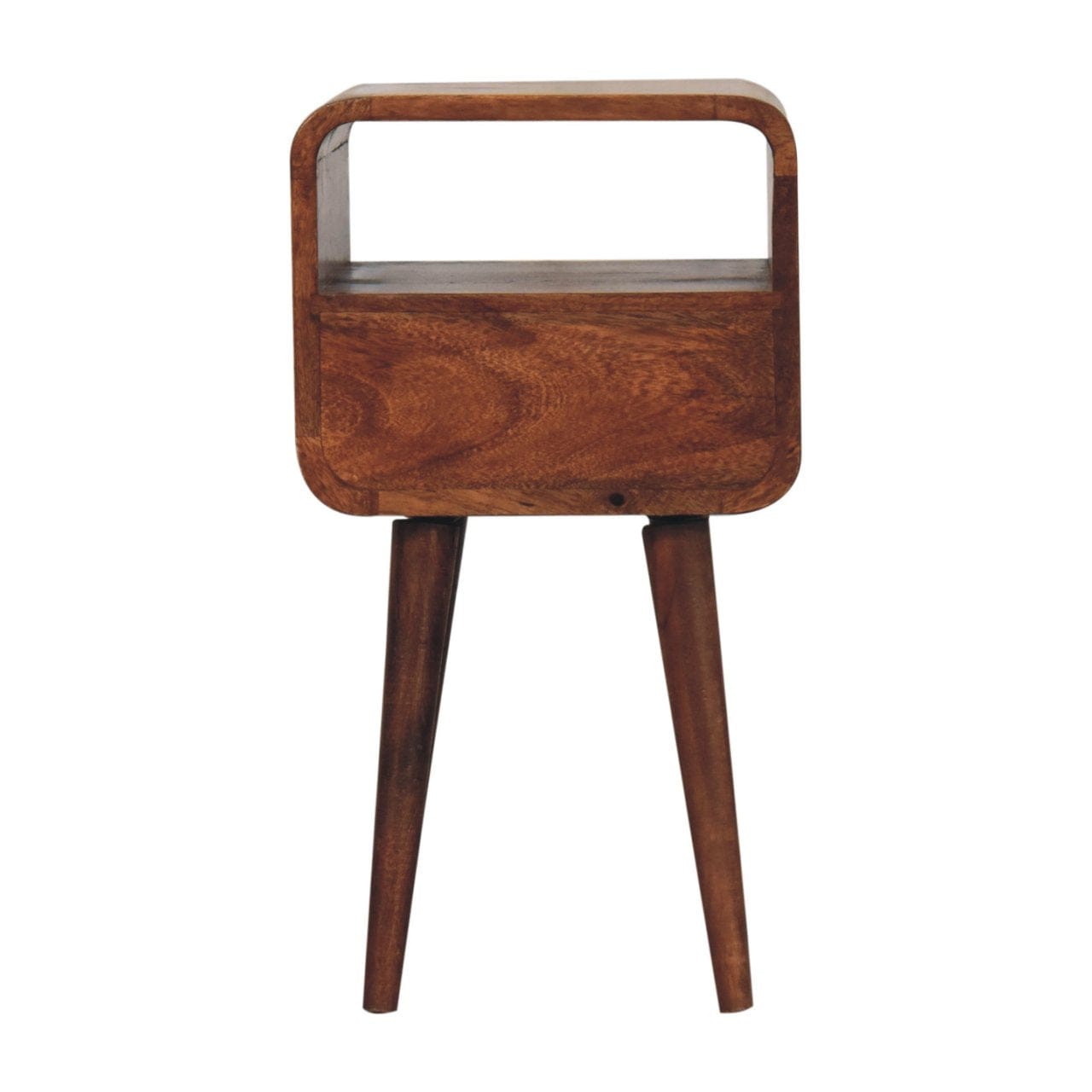 Mini Honey Caramel Curved Nightstand - Solid Mango Wood Bedside Table for Bedroom - product view 9 showing handcrafted...
