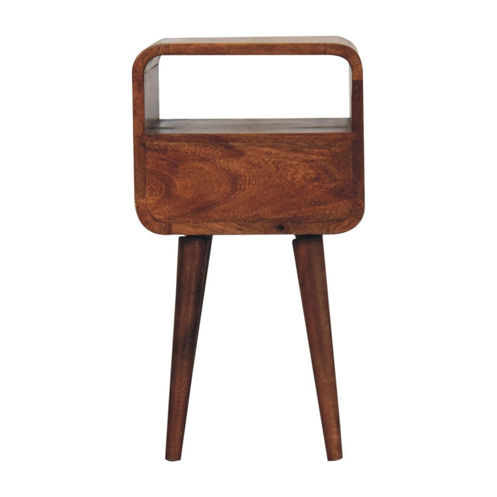 Mini Honey Caramel Curved Nightstand - Solid Mango Wood Bedside Table for Bedroom - product view 9 showing handcrafted...