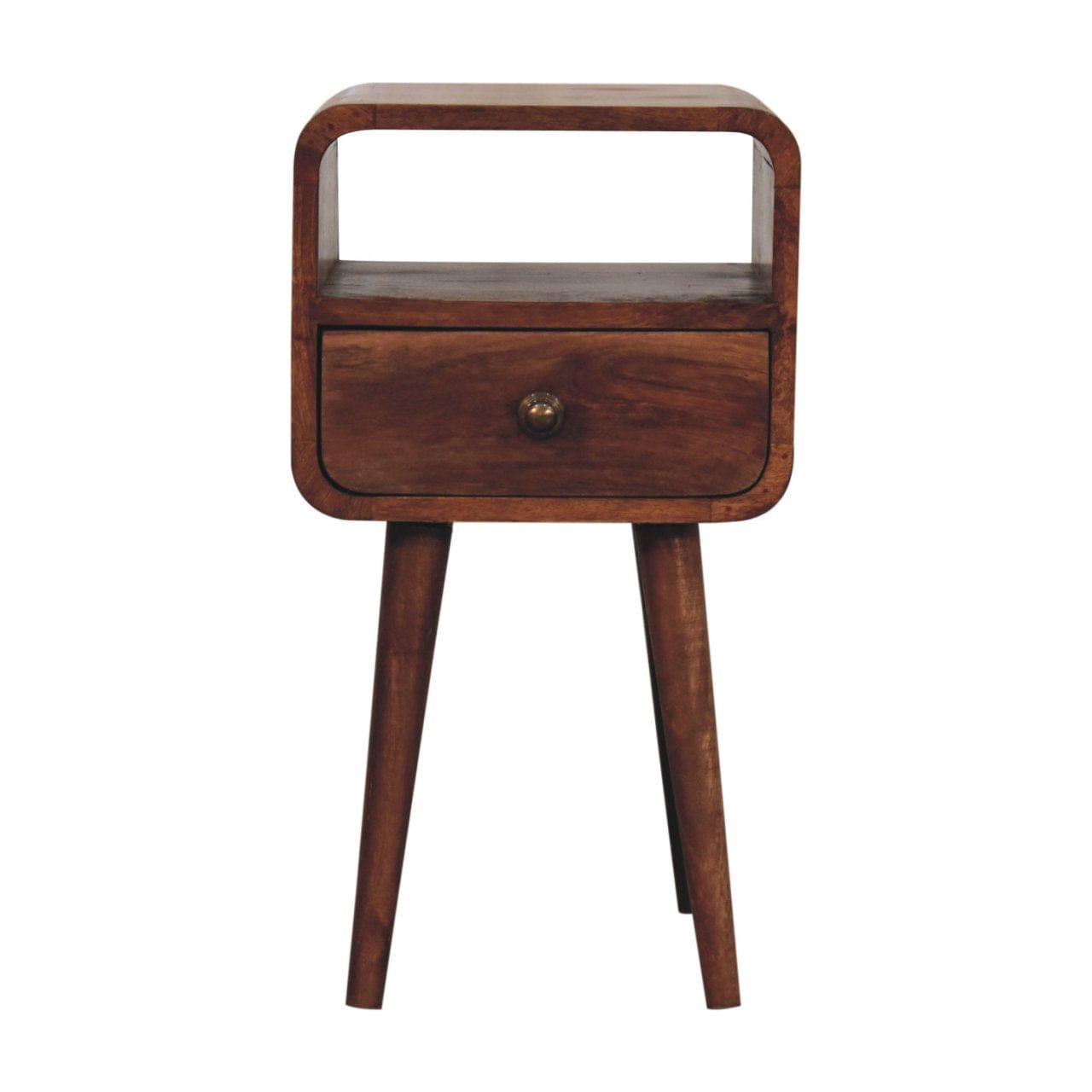 Mini Honey Caramel Curved Nightstand - Solid Mango Wood Bedside Table for Bedroom - product view 2 showing handcrafted...