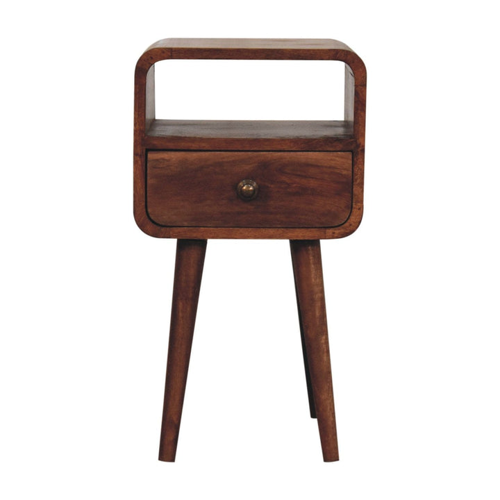 Mini Honey Caramel Curved Nightstand - Solid Mango Wood Bedside Table for Bedroom - product view 2 showing handcrafted...