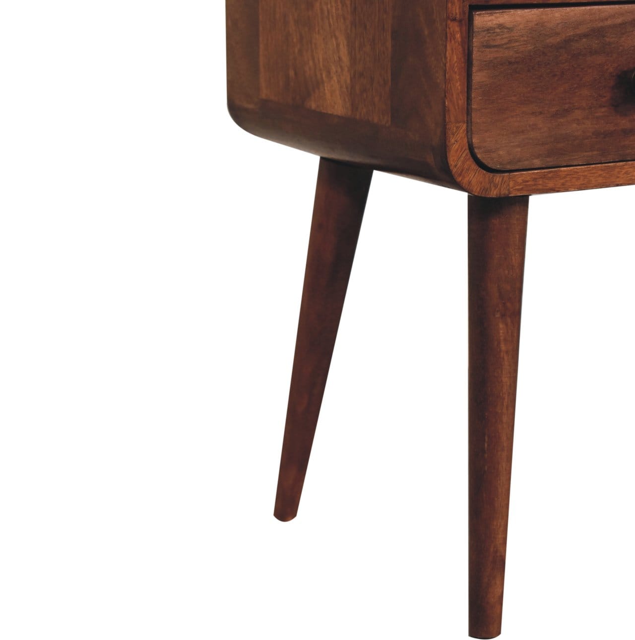 Mini Honey Caramel Curved Nightstand - Solid Mango Wood Bedside Table for Bedroom - product view 7 showing handcrafted...