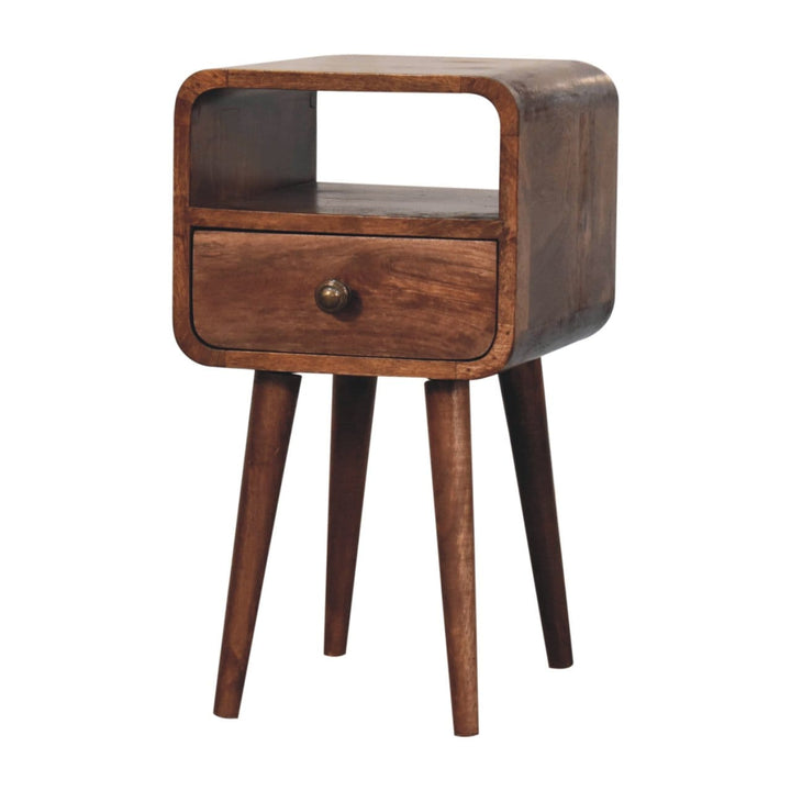 Mini Honey Caramel Curved Nightstand - Solid Mango Wood Bedside Table for Bedroom - product view 3 showing handcrafted...