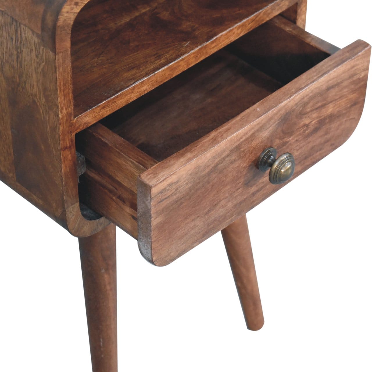 Mini Honey Caramel Curved Nightstand - Solid Mango Wood Bedside Table for Bedroom - product view 6 showing handcrafted...
