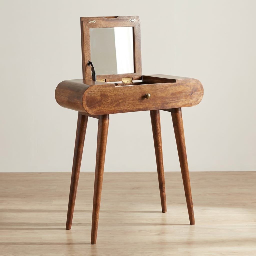Mini Honey Caramel Dressing Table - Solid Mango Wood Vanity Table for Bedroom - main view showing handcrafted solid mango...