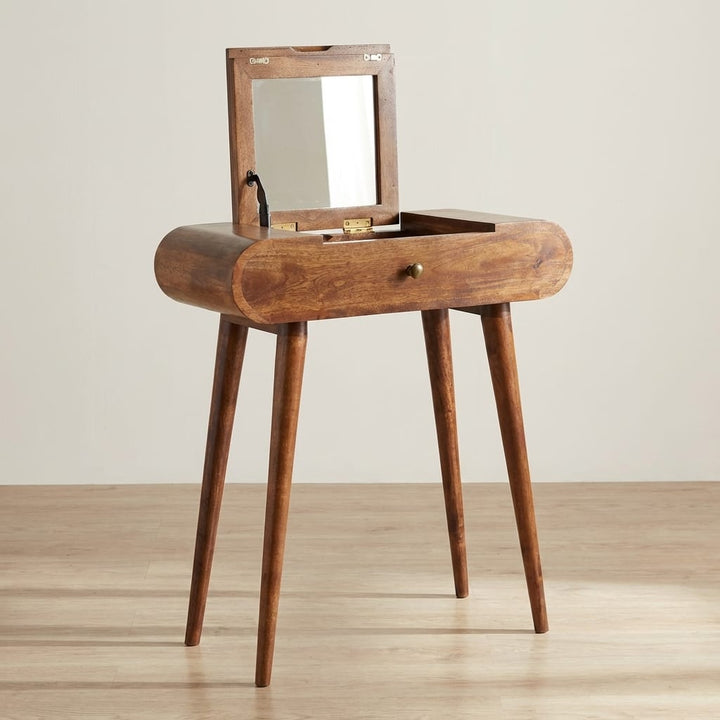 Mini Honey Caramel Dressing Table - Solid Mango Wood Vanity Table for Bedroom - main view showing handcrafted solid mango...