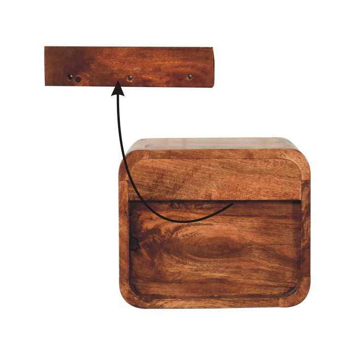 Mini Honey Caramel Floating Nightstand - Solid Mango Wood Bedside Table for Bedroom - product view 9 showing handcrafted...