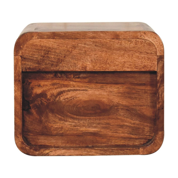 Mini Honey Caramel Floating Nightstand - Solid Mango Wood Bedside Table for Bedroom - product view 8 showing handcrafted...